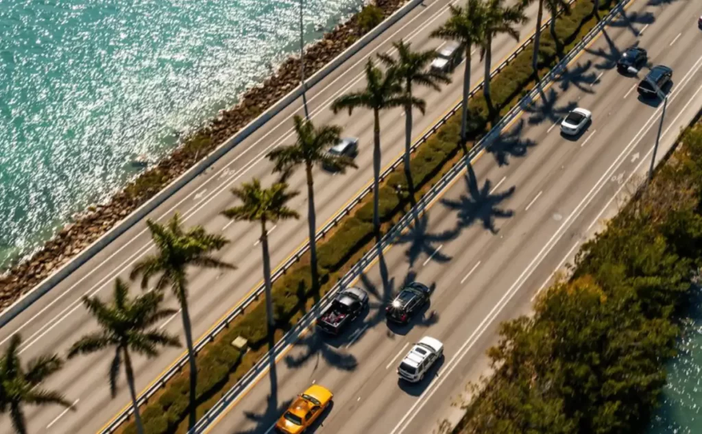 Estrada costeira em Miami com palmeiras, carros em movimento e o mar ao lado da via